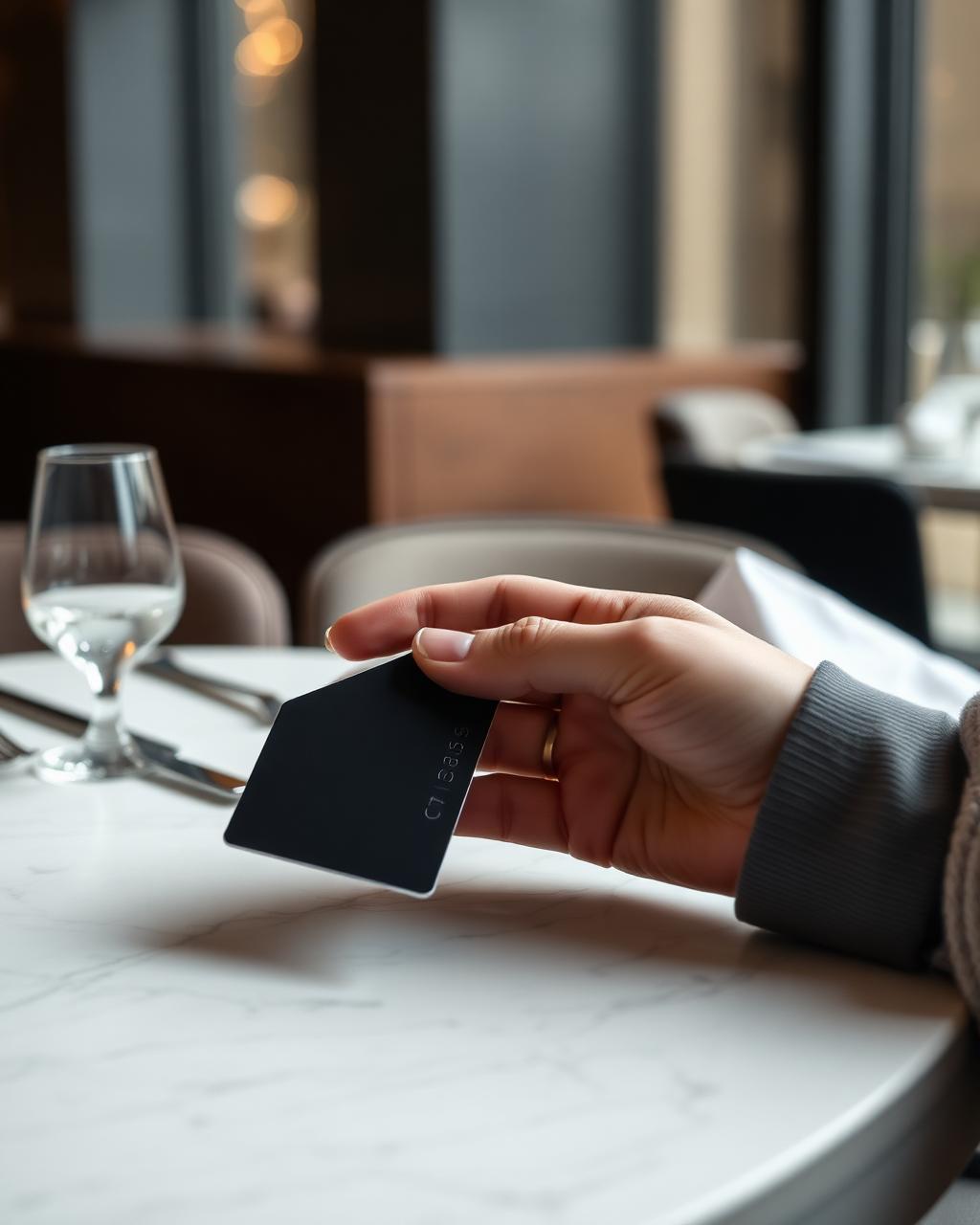 Dark modern coffee counter with a contactless payment terminal